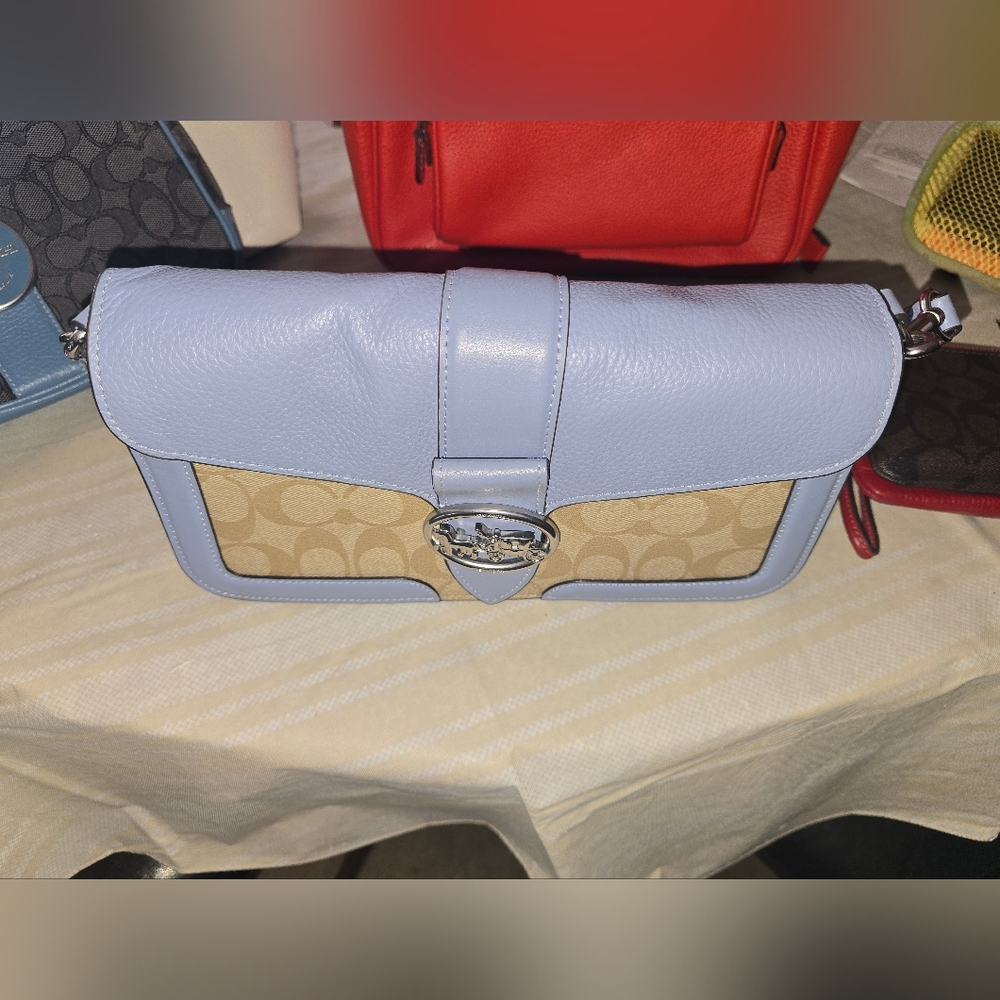 Coach Light Blue Georgie Shoulder Bag In Tan Signature Canvas